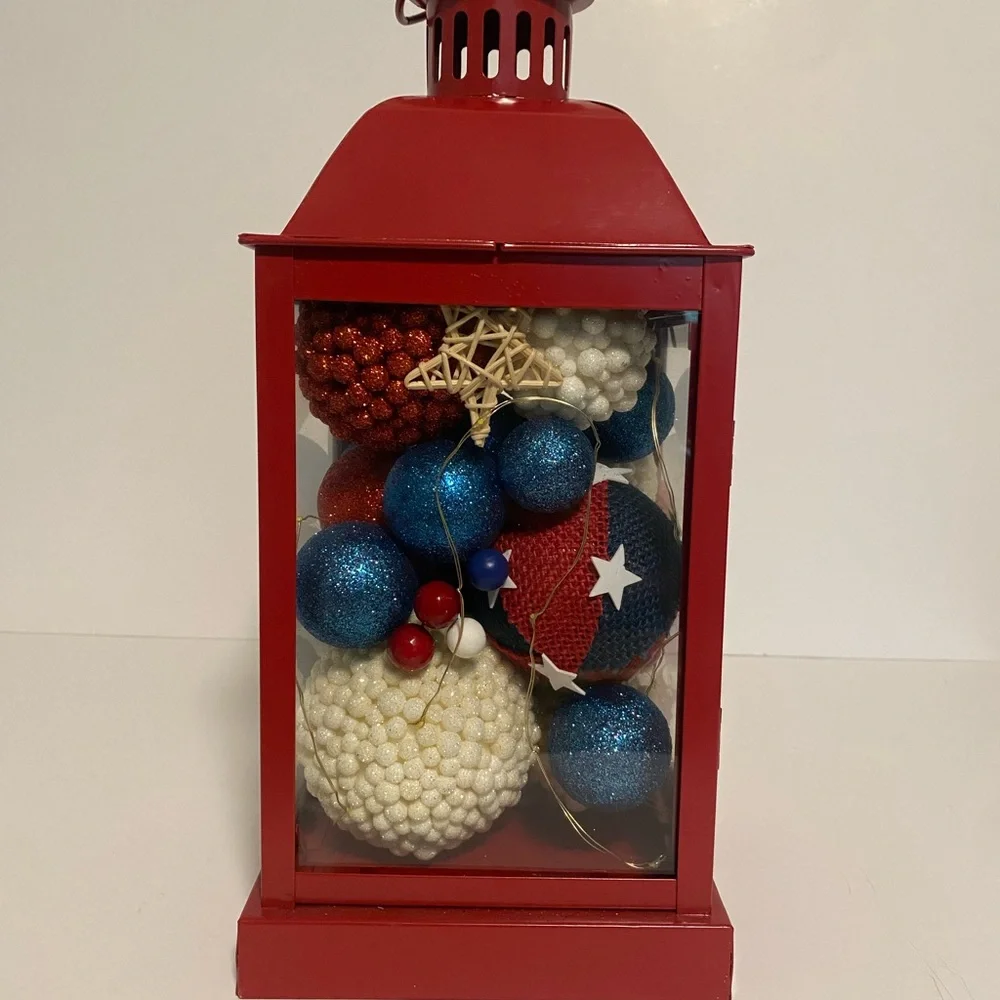 Red Metal Lantern with Patriotic Accents Battery Powered Lights